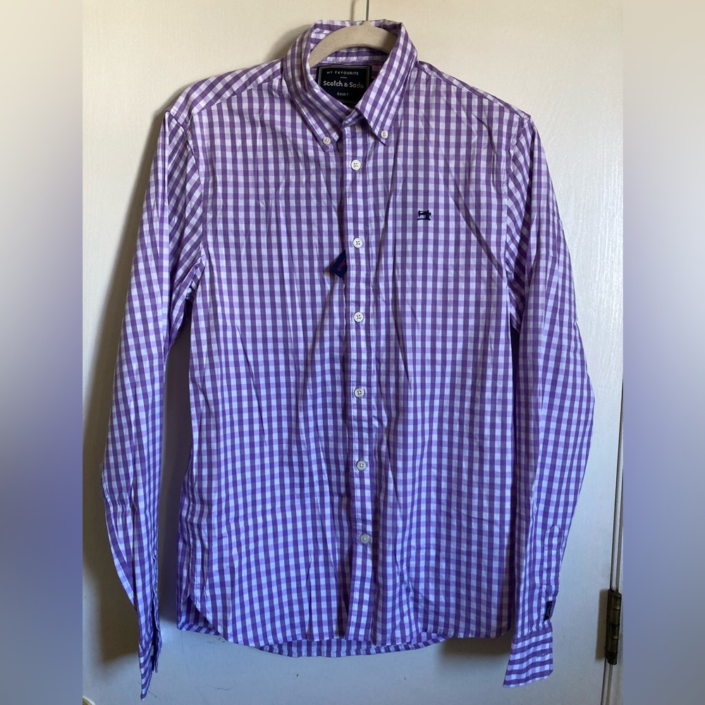 *Scotch & Soda New White & Lilac Gingham Button Down Long Sleeve Small Shirt #S
